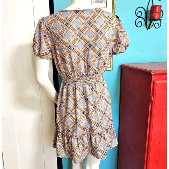 Bebop Plaid Prairie Ruffle Baby Doll Mini Dress Pullover Brown Blue Plaid Med Jr - Picture 4 of 10